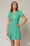 Rochie scurta verde menta cu maneci scurte si pliuri mici pe fusta