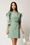 Rochie scurta verde mint din bumbac tip sacou cu funde la umeri si curea in talie