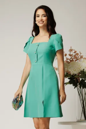Rochie scurta verde mint din stofa cu nasturi decorativi la bust
