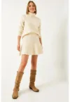 Rochie  set tricotat - guler inalt - bej - material confortabil -