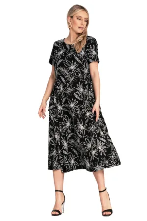 Rochie simpla - cu imprimeu floral - legaturi laterale - neagra - viscoza/nylon -