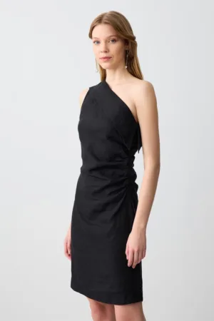 Rochie slim-fit din in cu decolteu pe un umar