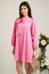 Rochie smart-casual din bumbac roz cu funda