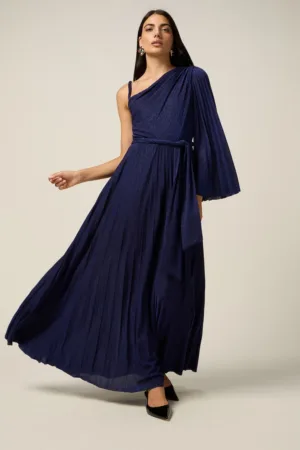 Rochie stralucitoare cu decolteu pe un umar si cordon in talie