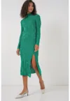 Rochie  texturata tricotata cu guler rotund - tricot - Verde -