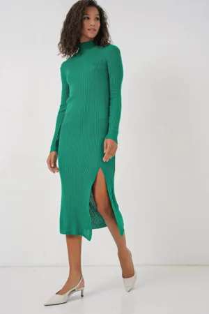 Rochie  texturata tricotata cu guler rotund - verde - tricot -