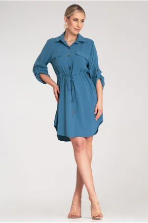 Rochie tip camasa - albastra - poliester - maneci reglabile -