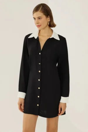 Rochie tip camasa cu nasturi -  negru - poliester si lycra