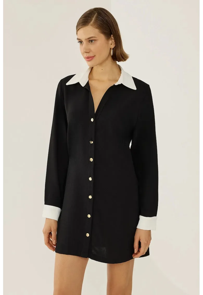 Rochie tip camasa cu nasturi - negru - poliester si lycra