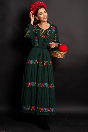 Rochie traditionala Sânziana Verde cu broderie florala