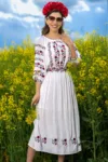 Rochie traditionala alba Rodica din vascoza cu broderie florala