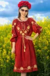 Rochie traditionala bordo Alessia din bumbac cu broderie florala
