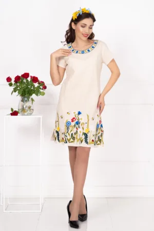 Rochie traditionala din in brodata cu flori multicolore