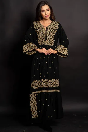 Rochie traditionala neagra Gina lunga cu broderie bej