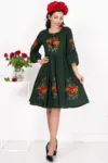 Rochie traditionala verde Angelica cu flori multicolore brodate