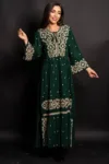 Rochie traditionala verde Gina lunga cu broderie bej