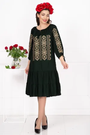 Rochie traditionala verde Ilaria cu broderie traditionala bej