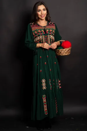 Rochie traditionala verde cu motive florale Gradina Stramosilor