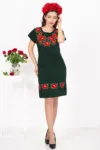 Rochie traditionala verde din in cu bujori brodati