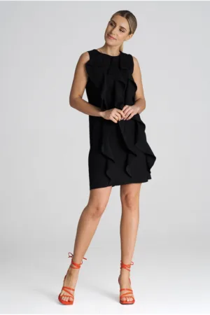 Rochie trapez M1002 - cu volane delicate - poliester/viscoza - negru