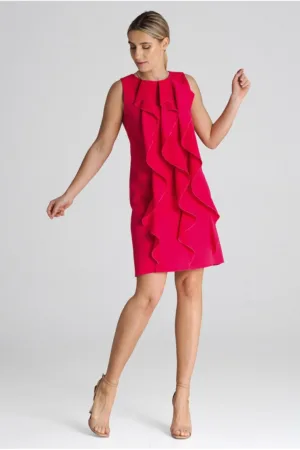 Rochie trapez M1002 - rosu - cu volane - 65% poliester - 35% viscoza