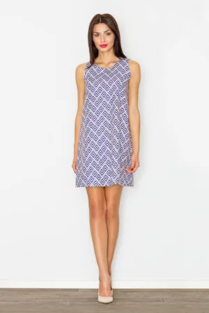 Rochie trapez model geometric - poliester - albastru - alb -