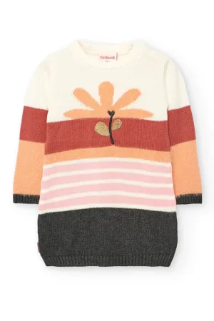 Rochie tricotata cu detaliu floral si model colorblock