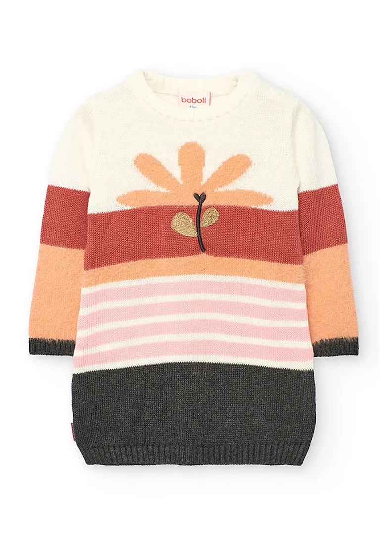 Rochie tricotata cu detaliu floral si model colorblock