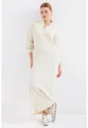 Rochie  tricotata - guler inalt - Crema naturala -