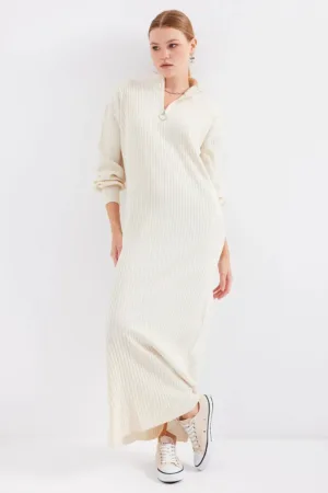 Rochie  tricotata - guler inalt - crem -
