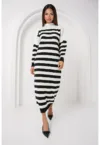 Rochie tricotata  guler inalt - dungi - alb/negru - material acrilic -