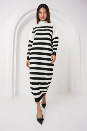 Rochie tricotata guler inalt - dungi - alb/negru - material acrilic -