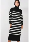 Rochie tricotata  guler inalt - dungi - negru/alb - material acril si lana -