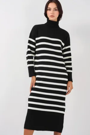 Rochie tricotata guler inalt - dungi - negru/alb - material acril si lana -