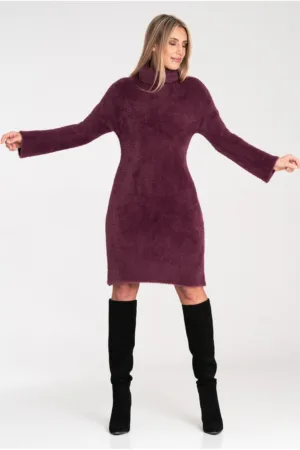 Rochie tricotata guler inalt - maneci lungi - rosu - 100% nailon -