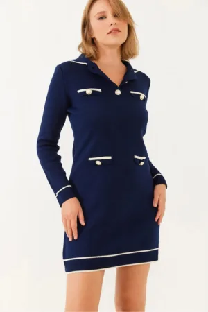 Rochie tricotata -  nervuri - guler camasa - albastra - tricot -