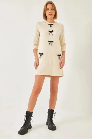 Rochie tricotata - texturata cu funda - bej - tricot -