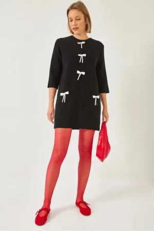 Rochie tricotata - texturata cu funda - neagra - tricot -