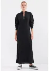 Rochie tricotata  texturata - guler inalt - fermoar - neagra - tricot - Negru -