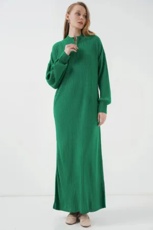 Rochie tricotata texturata - guler inalt - fermoar - verde - material tricot -