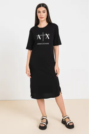 Rochie-tricou cu imprimeu logo si slituri laterale