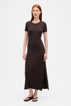Rochie-tricou striata din amestec de modal cu slit lateral