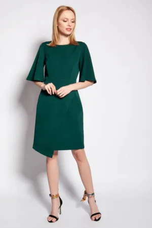 Rochie uni cu maneci ample si croiala asimetrica