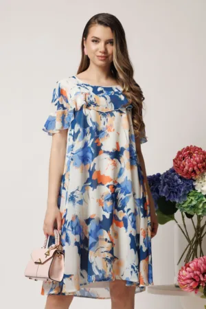 Rochie vaporoasa de zi din voal ivory cu imprimeuri albastre