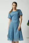 Rochie vaporoasa din voal bleu cu picatele si maneci scurte fluture