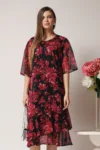 Rochie vaporoasa din voal neagra cu flori fucsia si insertii din fir lurex
