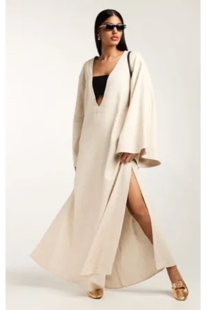 Rochie vaporoasa lunga crem din in si bumbac texturat cu decolteu in V Rabat