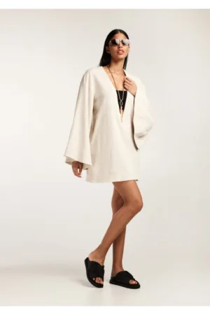 Rochie vaporoasa scurta crem din in si bumbac texturat cu decolteu in V Tunis