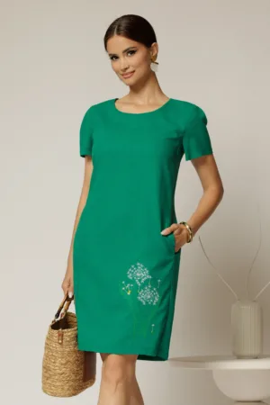 Rochie verde din in cu flori brodate si croi drept