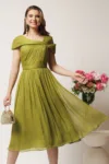 Rochie verde din matase naturala cu maneci scurte- Leonard Collection